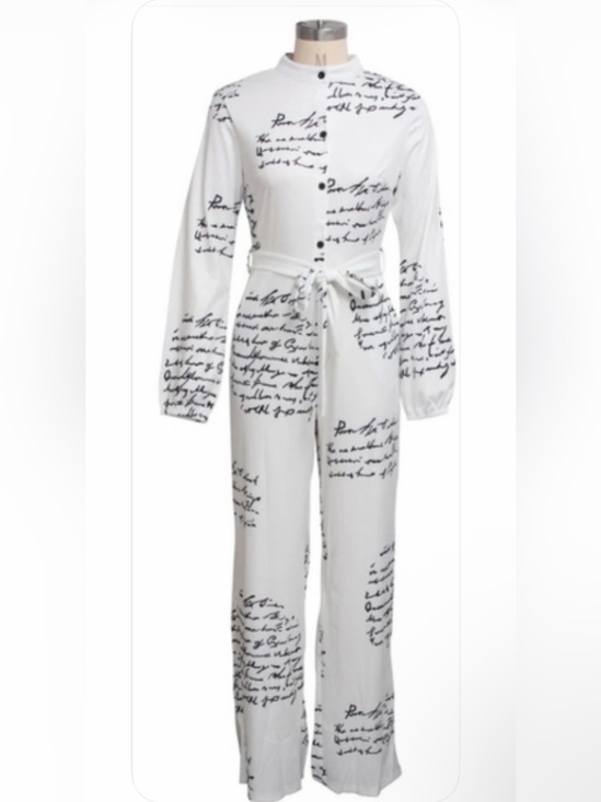SHEIN Pants - SHEIN White Script Print Long Sleeve Jumpsuit